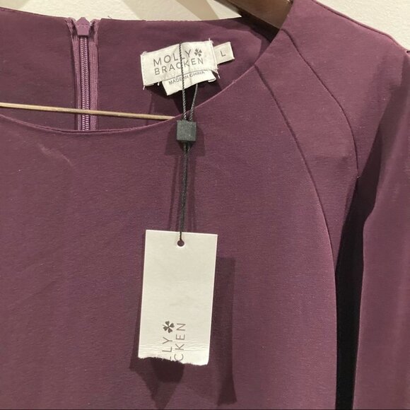 MOLLY BRACKEN Sz L Balloon Puffy Sleeve Pearl Button Midi Wine Colour Dress - Picture 6 of 9